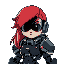 android, female, cyberpunk, red hair, large hair, robot armor, black visor, human head