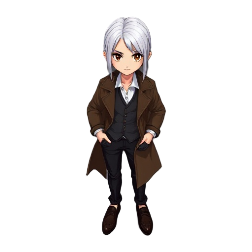 a 48x48 2d 16-bit dark fantasy themed character has white straight hair, black pants,  white button-up shirt, dark gray vest, brown trenchcoat, and loafers. 