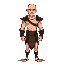 muscular warrior that is bald with light skin tone. he is adorned in minimal armor, featuring dark, intricately designed shoulder and arm guards, and a loincloth with red and black accents. 