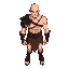 muscular warrior that is bald with light skin tone. he is adorned in minimal armor, featuring dark, intricately designed shoulder and arm guards, and a loincloth with red and black accents. 