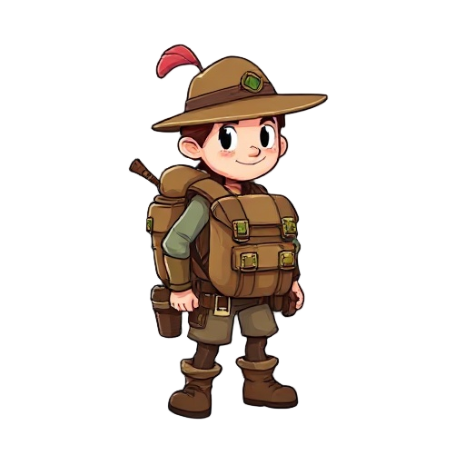  fantasy explorer with backpack and hat, transparent background