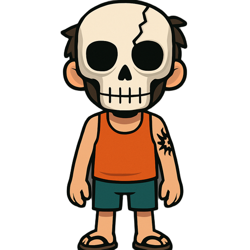 crie um personagem sprite, em 2d para o meu jogo, ele usa uma mascara de esqueleto com uma rachadura em um olho, usa regata e bermuda e chinelo, e tem uma tatuagem em um dos braços