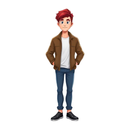a man with red hair, a brown jacket, a white t-shirt, blue pants and black shoes.