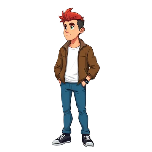 a man with red hair, brown jacket, white t-shirt, blue pants and black shoes. viewed in profile for use in a 2d video game