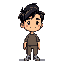a full-body 2d pixel art character in the style of a 16-bit retro game. the character is a man with black hair styled in a middle part, beige skin, and an amiable smile on his face, conveying warmth a