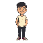 full-body 16-bit pixel art of a man with black middle-part hair, beige skin, and a friendly smile. he wears an off-white t-shirt, dark pants, and sneakers. solid green background, retro game style.