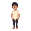 full-body 16-bit pixel art of a man with black middle-part hair, beige skin, and a friendly smile. he wears an off-white t-shirt, dark pants, and sneakers. solid green background, retro game style.
