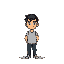 a full-body 2d pixel art character in the style of a 16-bit retro game. the character is a man with black hair styled in a middle part, beige skin, and an amiable smile on his face, conveying warmth a
