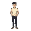 full-body 16-bit pixel art of a man with black middle-part hair, beige skin, and a friendly smile. he wears an off-white t-shirt, dark pants, and sneakers. solid green background, retro game style.