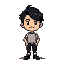 a full-body 2d pixel art character in the style of a 16-bit retro game. the character is a man with black hair styled in a middle part, beige skin, and an amiable smile on his face, conveying warmth a