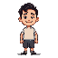 a full-body 2d pixel art character in the style of a 16-bit retro game. the character is a man with black hair styled in a middle part, beige skin, and an amiable smile on his face, conveying warmth a