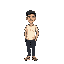 full-body 16-bit pixel art of a man with black middle-part hair, beige skin, and a friendly smile. he wears an off-white t-shirt, dark pants, and sneakers. solid green background, retro game style.
