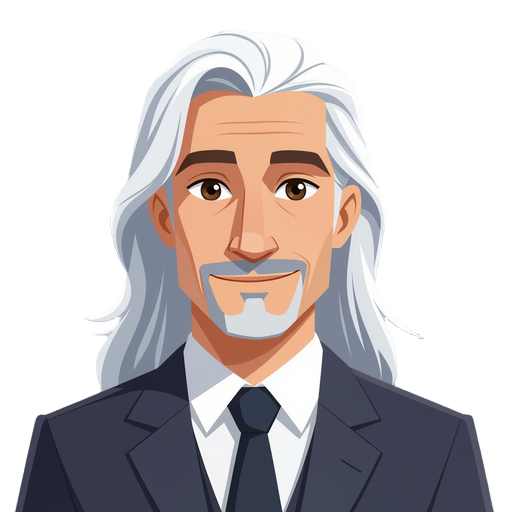 male man withe white long hair (middle-part) wearing a suit