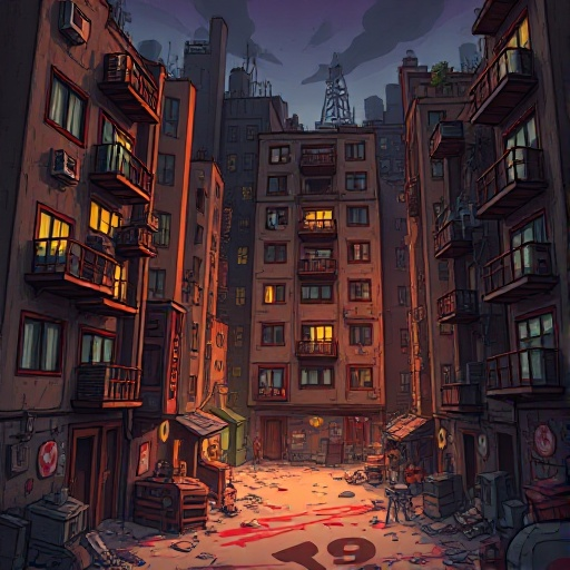 a dynamic slums city apartment complex in the ghetto, everything is  filthy and gross