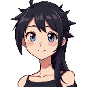a 19-year-old anime-style woman with a modern and energetic look. she has long, unruly black hair, swept to the side in spiky bangs. her eyes are large and bright blue, with a tender and friendly expr