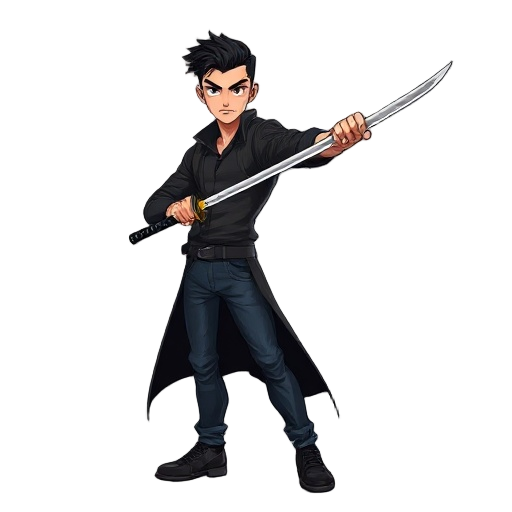 "um homem jovem, pardo, com topete preto estilizado, vestindo um sobretudo preto longo e elegante, calça jeans escura e coturnos robustos. ele está com uma katana empunhada, em posição de combate, transmitindo firmeza e intensidade. 