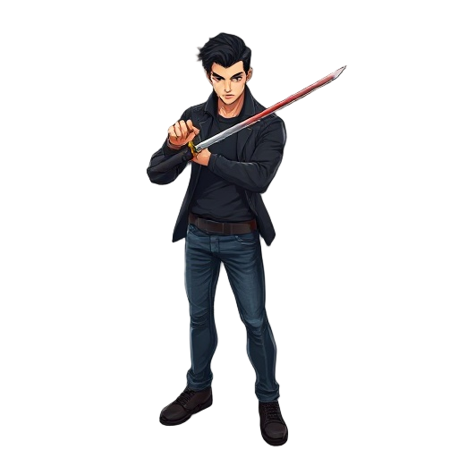 um homem jovem, pardo, com topete preto estilizado, vestindo um sobretudo preto longo e elegante, calça jeans escura e coturnos robustos. ele segura uma katana em posição firme, transmitindo determinação e intensidade.
