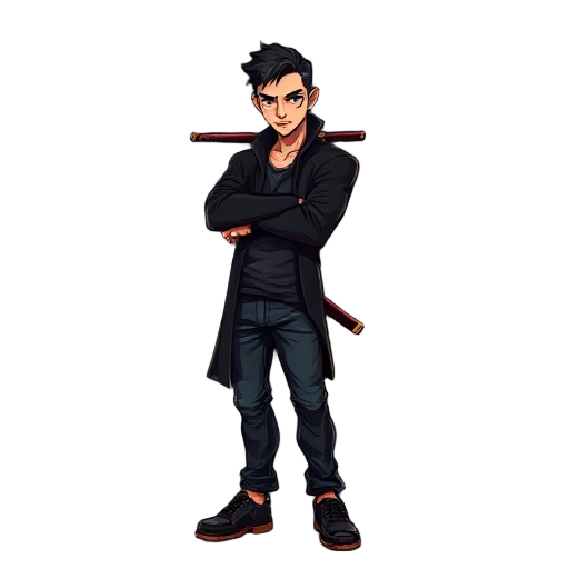 um homem jovem, pardo, com topete preto estilizado, vestindo um sobretudo preto longo e elegante, calça jeans escura e coturnos robustos. ele segura uma katana em posição firme, transmitindo determinação e intensidade. o cenário deve ter atmosfera urbana 