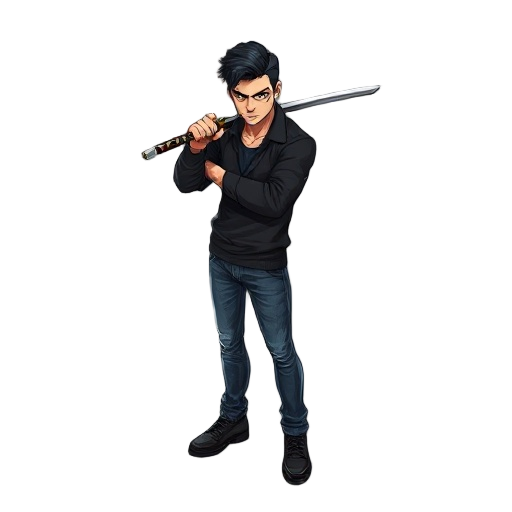 um homem jovem, pardo, com topete preto estilizado, vestindo um sobretudo preto longo e elegante, calça jeans escura e coturnos robustos. ele segura uma katana em posição firme, transmitindo determinação e intensidade.