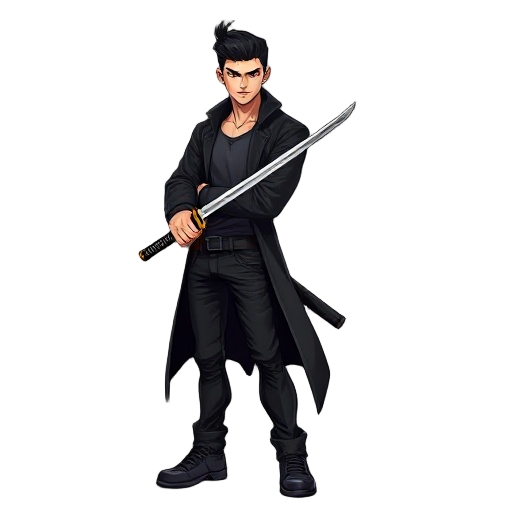 um homem jovem, pardo, com topete preto estilizado, vestindo um sobretudo preto longo e elegante, calça jeans escura e coturnos robustos. ele segura uma katana em posição firme, transmitindo determinação e intensidade.