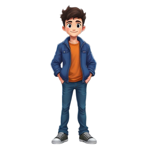 a young male character in blue jacket, orange shirt and jeans