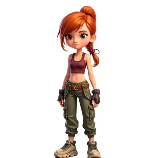 a 2d cartoon-style illustration of a steampunk-inspired teenage girl with copper-orange hair tied in a high ponytail, wearing a burgundy cropped tank top, olive-green cargo pants, and chunky sneakers.