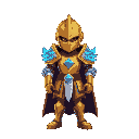 knight in a golden armour with blue flame on his shoulder pads