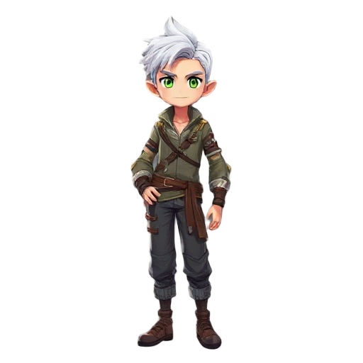 white hair, green eye, adventure men,  full body