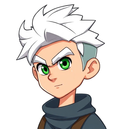 white hair, green eye, adventure men, 