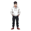 guy with a wolfcut, oversize white sweather and baggy black jeans