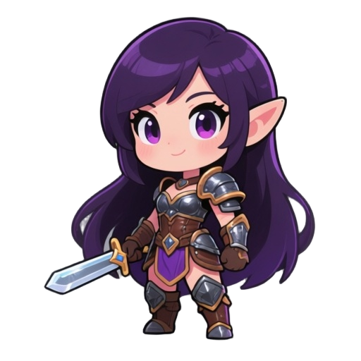 a fantasy female warrior character, in ddtank chibi style, with cute anime proportions (big head, small body), large expressive eyes, long dark purple hair, wearing fantasy leather armor, wielding a small sword, bright and colorful 2d cartoon style, clean