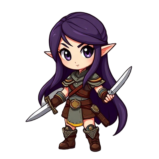 a fantasy female warrior character, in ddtank chibi style, with cute anime proportions (big head, small body), large expressive eyes, long dark purple hair, wearing fantasy leather armor, wielding a small sword, bright and colorful 2d cartoon style, clean