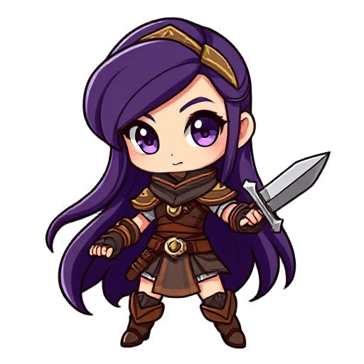 a fantasy female warrior character, in ddtank chibi style, with cute anime proportions (big head, small body), large expressive eyes, long dark purple hair, wearing fantasy leather armor, wielding a small sword, bright and colorful 2d cartoon style, clean