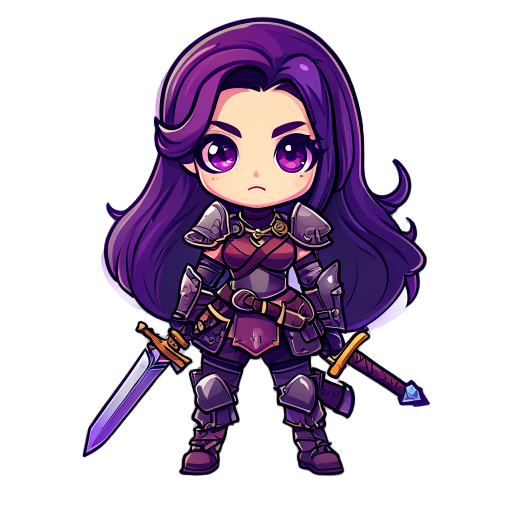 a fantasy female warrior character, in ddtank chibi style, with cute anime proportions (big head, small body), large expressive eyes, long dark purple hair, wearing fantasy leather armor, wielding a small sword, bright and colorful 2d cartoon style, clean