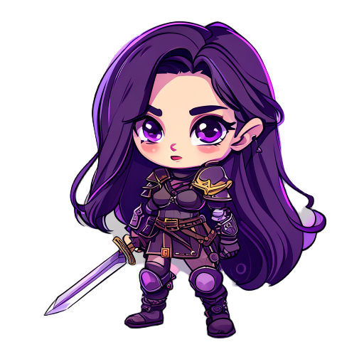a fantasy female warrior character, in ddtank chibi style, with cute anime proportions (big head, small body), large expressive eyes, long dark purple hair, wearing fantasy leather armor, wielding a small sword, bright and colorful 2d cartoon style, clean