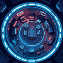 top down view, circle high tech room in space, add a table in the middle and rooms going off in different directions