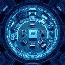 top down view, circle high tech room in space, add a table in the middle and rooms going off in different directions, no furniture, includes chairs and tv