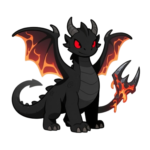 a small, sleek black dragon with ember-streaked wings and glowing red eyes. its tail ends in a molten iron claw, referencing both the “armed” and “red-eyes” themes.,aqw ,concept art ,board & card game art ,character design,flat illustrations, illustration
