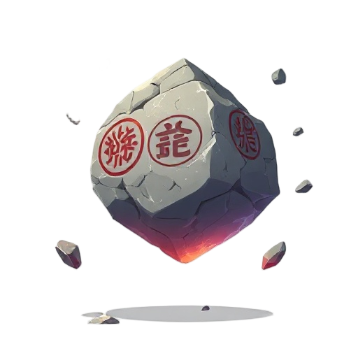 a massive stone chunk engraved with ancient seals, hovering slightly, glowing faintly with forbidden energy and surrounded by floating debris.  .flat illustrations, illustration ,character design,  ,solo, , white background, concept art,,concept art ,boar