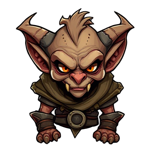 goblin de pele parda e olhos cruéis, com uma postura curvada e feral. usa uma armadura rústica de sucata e ossos, e exibe um rosnado com dentes pontiagudos.