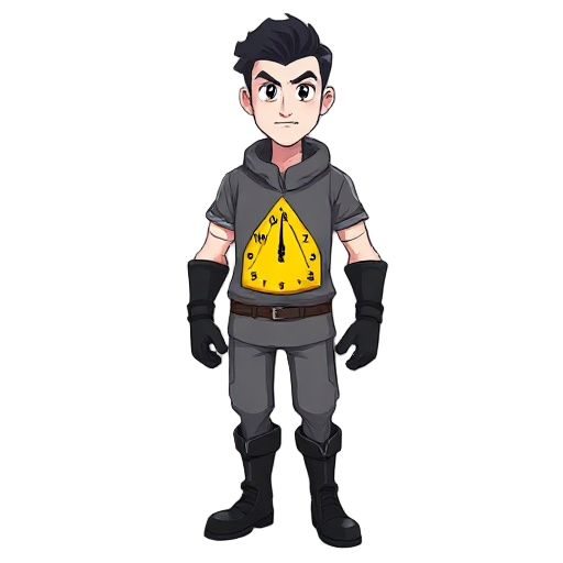 white man, black hair and eyes, gray clothes, black long gloves and boots, yellow clock inside a yellow triangle in his chest