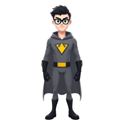 white man, black hair and eyes, gray superhero clothes, black long gloves and boots, yellow clock inside a yellow triangle in his chest