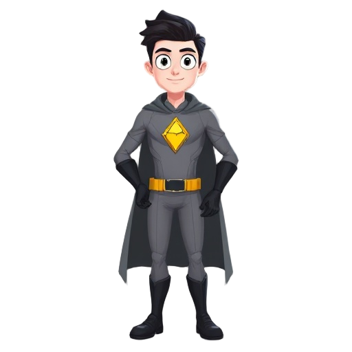 white man, black hair and eyes, gray superhero clothes, black long gloves and boots, yellow clock inside a yellow triangle in his chest. no cape and nothing in face
