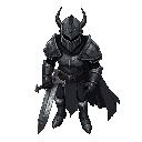 a dark medieval knight, heavily armored with a spiked helmet and a long tattered cape. the knight wields a large, rusted sword and wears armor covered in scratches