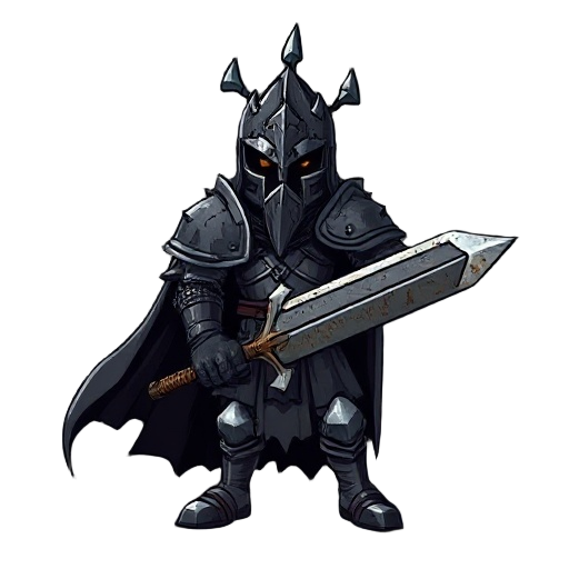 a dark medieval knight, heavily armored with a spiked helmet and a long tattered cape. the knight wields a large, rusted sword and wears armor covered in scratches