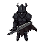 a dark medieval knight, heavily armored with a spiked helmet and a long tattered cape. the knight wields a large, rusted sword and wears armor covered in scratches