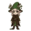 a pixel art character of a young elf druid with silver hair and green eyes, wearing a large forest-green hat adorned with antlers and small plants. the druid has pointed ears, a long brown cloak, beig