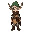 pixel art elf druid with silver hair, green eyes, antlered green hat, brown cloak, beige tunic, satchel, and boots. 3/4 view, idle pose, fantasy rpg style, 64x64 sprite, transparent background.