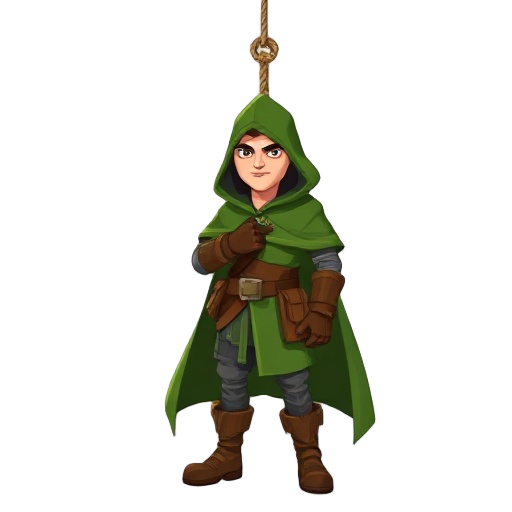 a man wearing his green hooded cloak, brown leather gloves, boots, and utility belt with pouches. the rope is visibly taut and anchored above.