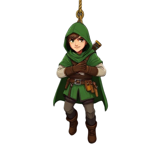 a handsome man on his back wearing his green hooded cloak, brown leather gloves, boots, and utility belt with pouches. the rope is visibly taut and anchored above.